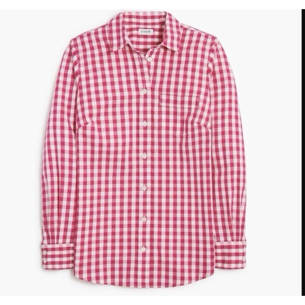 J. Crew Womens XL Cotton Blend Plaid Button Up Shirt Pink White Preppy Career